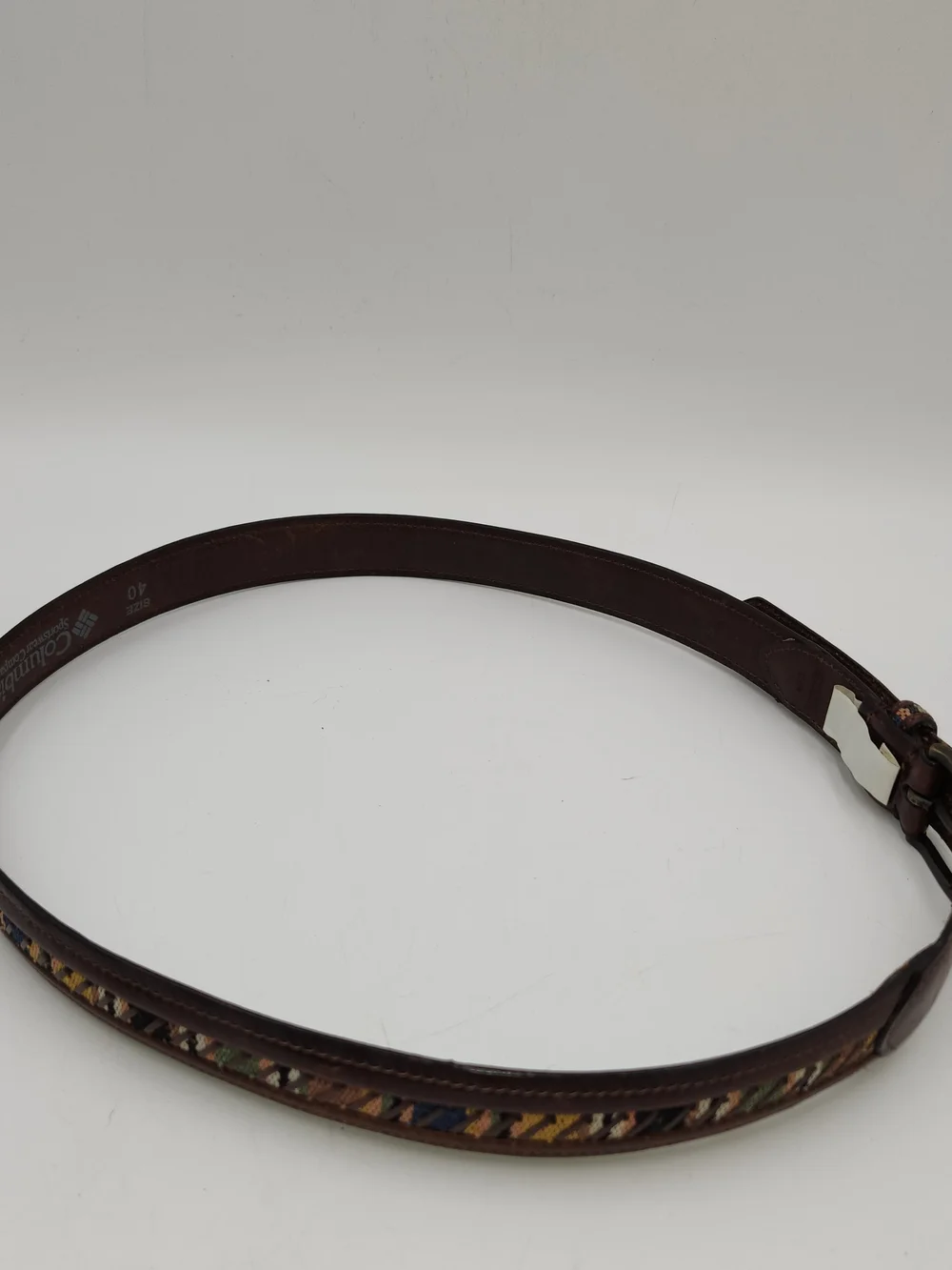 Columbia Brown Leather Men’s Belt with Multicolor Woven Inlay